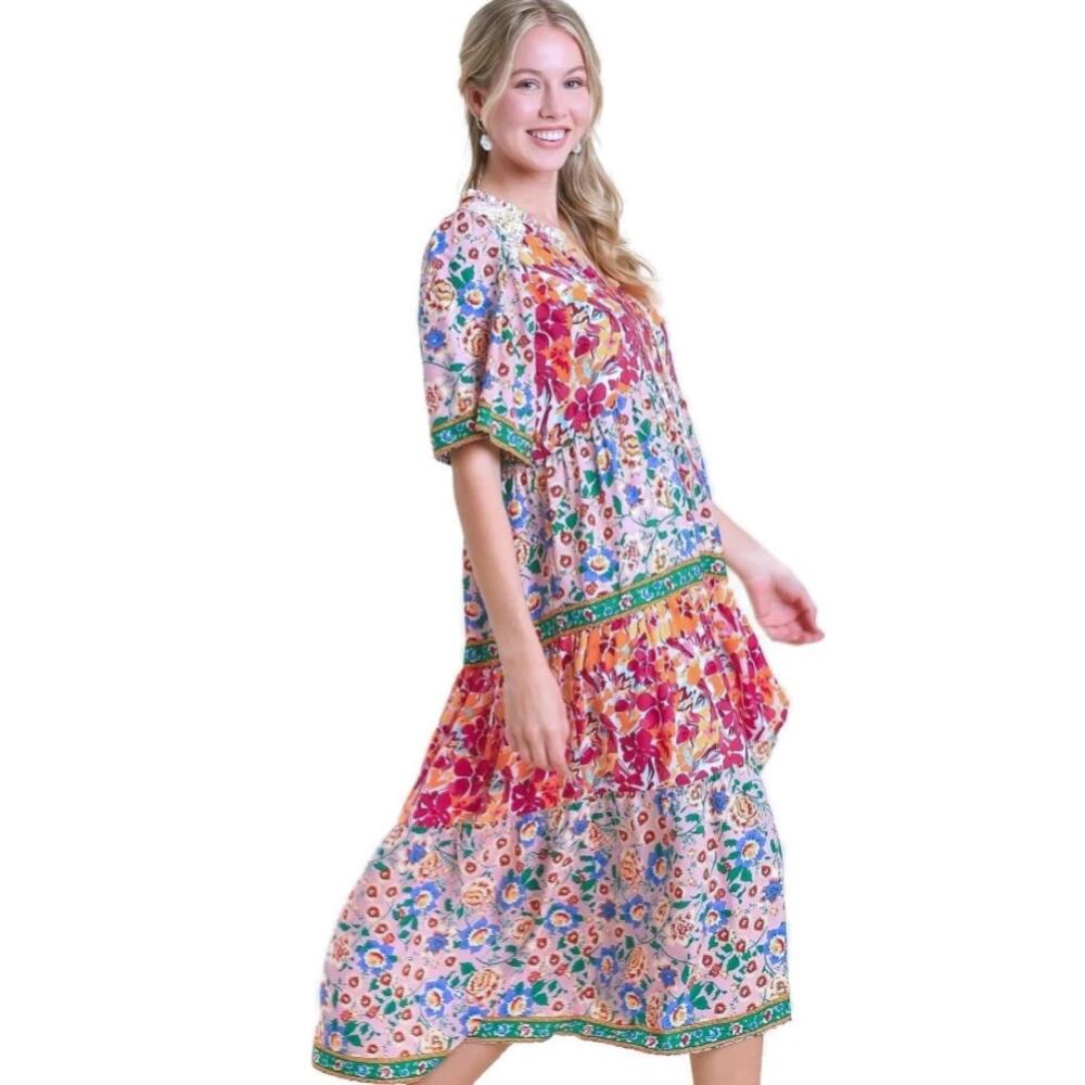 Umgee Mixed Floral Print Tiered Sundress Multicolor Size Large - Picture 2 of 10